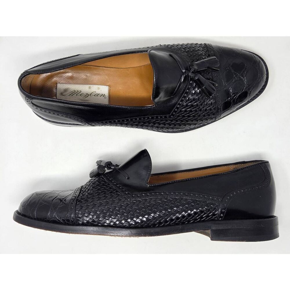 MEZLAN CARMEL BLACK CROCODILE LEATHER TASSEL LOAFERS SHOES WOVEN SPAIN SIZE 9 W
